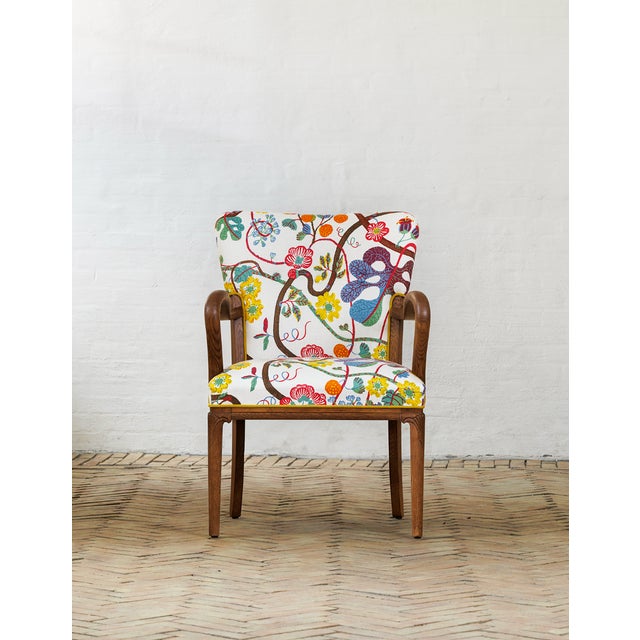 Danish Oak Armchair with Printed Upoholstery by Josef Frank, 1940s, in Restored conditions. Designed 1920 to 1949