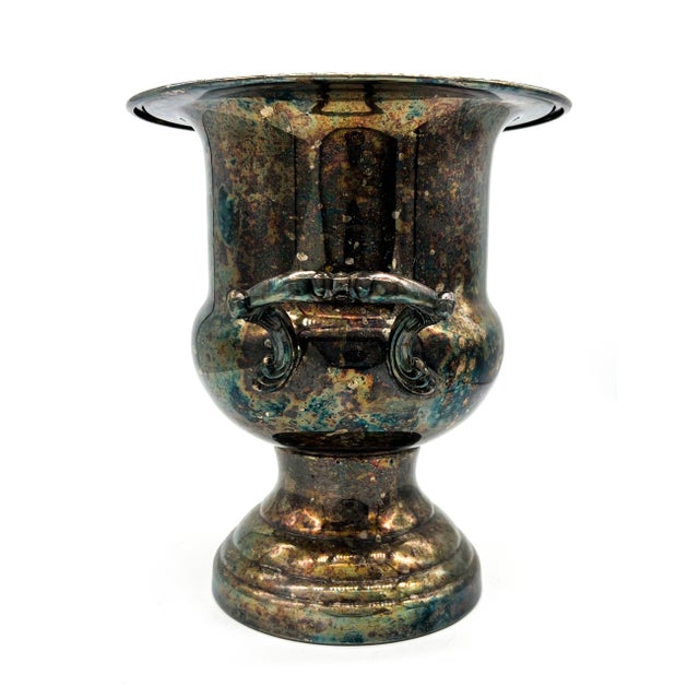 1980s 1988 Patinaed Silver Plate Trophy Urn / Champagne Bucket With Floral Handles – Shabby Chic / English Country For Sale - Image 5 of 11