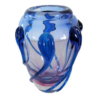 Large Sculptural Murano Clear, Royal Blue, and Amethyst Glass Vase. For Sale