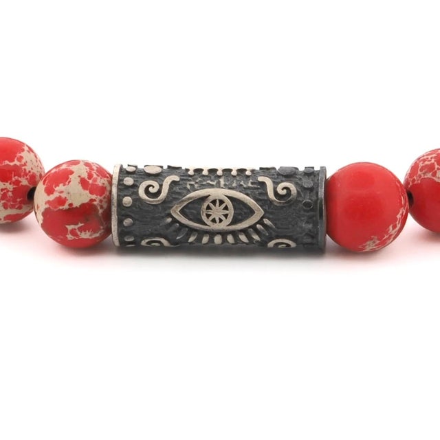 Contemporary Sterling Silver Evil Eye & Red Jasper Stone Beaded Bracelet For Sale - Image 3 of 7