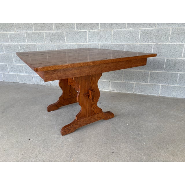Tom Seely Solid Oak Trestle Style Twin Leaf Extension Dining Table For Sale - Image 4 of 10
