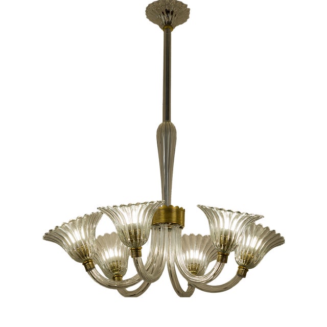 Mid-Century Murano Glass 6-Light Chandelier attributed to Barovier & Toso, 1930s For Sale
