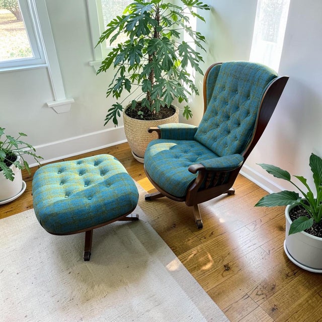 Mid-Century Modern 1960s Heywood-Wakefield Danish Modern Walnut Wingback Lounge Chair & Swivel Ottoman For Sale - Image 3 of 16