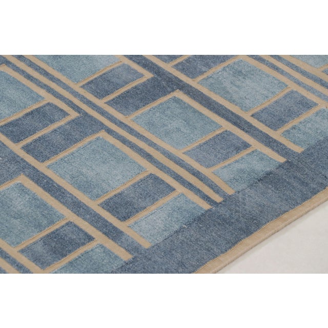 Rug & Kilim Contemporary Geometric Cotton Dhurrie Rug in Blue & Gold by Rug & Kilim, India For Sale - Image 4 of 10