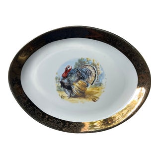 Vintage Thanksgiving Turkey Ceramic Platter With Gold Rim Accents For Sale