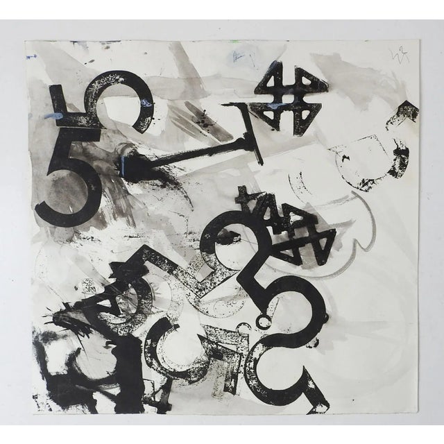 Abstract black and gray ink wash numbers painting. Unsigned. Unframed, some crinkle to paper.