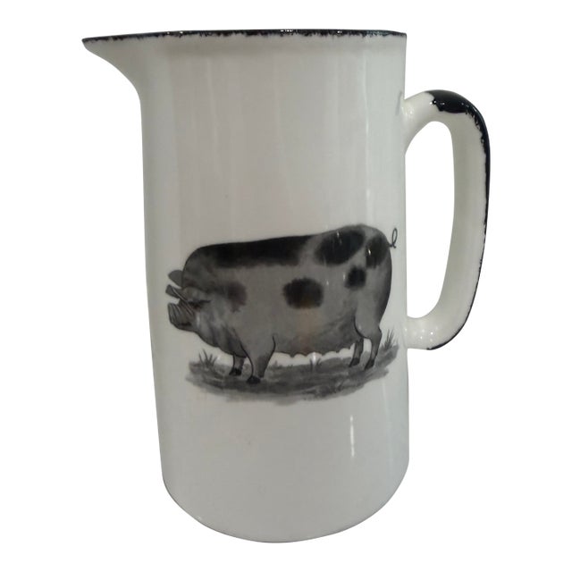 Vintage White Jug / Pitcher With a Pig on Both Sides With Black Trim From England For Sale