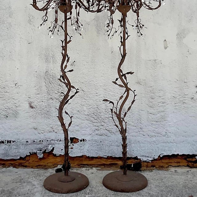 Vintage Boho Patinated Crystal Teardrop Floor Chandelier Lamps - a Pair For Sale - Image 12 of 12