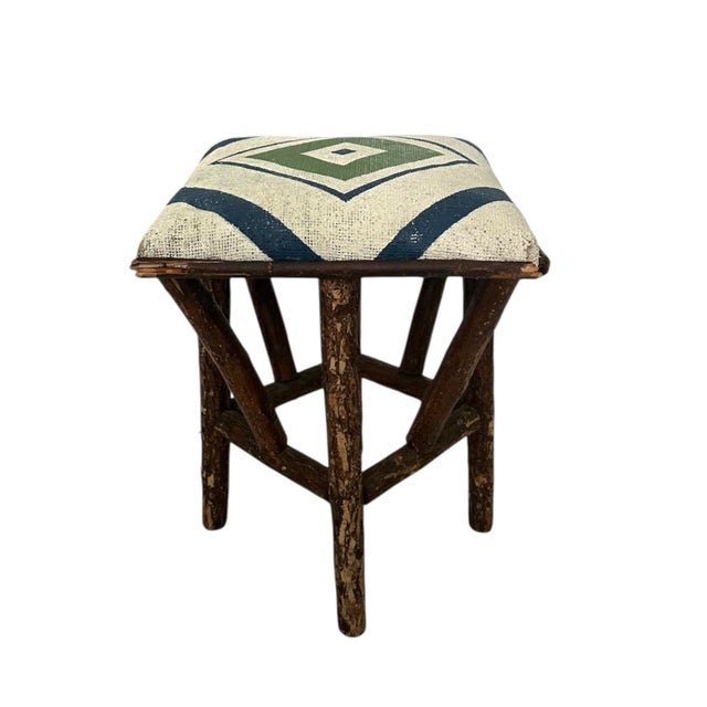 Rustic Antique Rustic Adirondack / Arts & Crafts / Primitive Folk Art Twig / Branch Stool With Hand Painted Cushion For Sale - Image 3 of 9