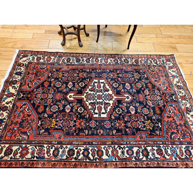 Vintage Persian Bakhtiari Area Rug, Handwoven Floral Pattern, Navy & Ivory, 5’ X 7’ For Sale - Image 12 of 12