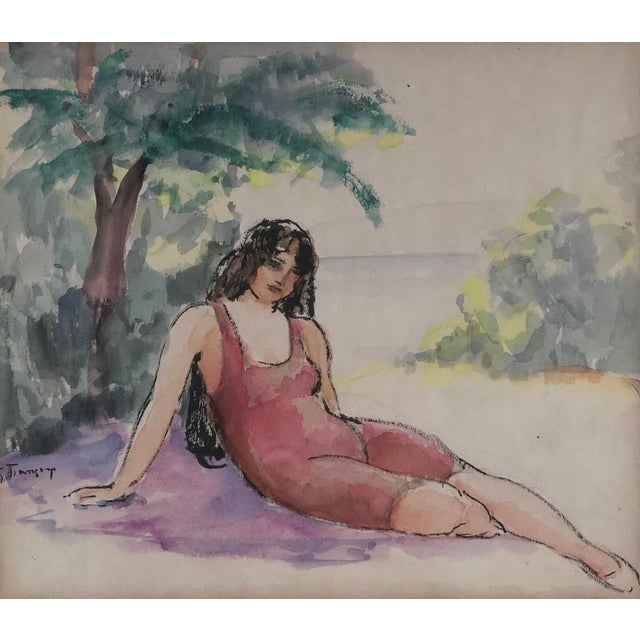 Gustave Francois, Jeune femme sur le sable, Watercolor on Paper, Framed For Sale - Image 9 of 9