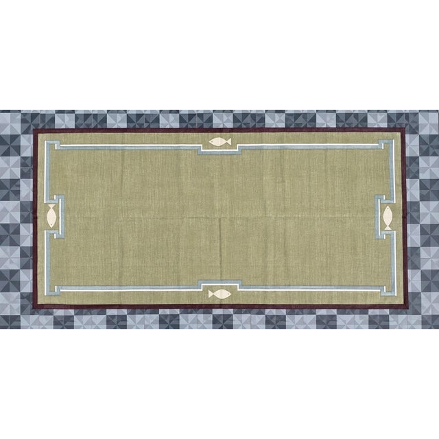 Casa Cosima Handmade Cotton Dhurrie Runner, Olive Green and Wine Border Fish Patterned Runner Rug- 4'x10' For Sale - Image 4 of 12