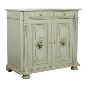 Antique Green Painted Cabinet with Carved Lion Heads, Sweden Circa 1860