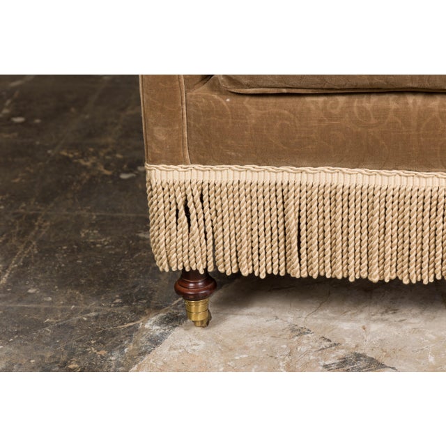 Vintage English Upholstered Loveseat with Out-Scrolling Arms and Casters For Sale - Image 11 of 12
