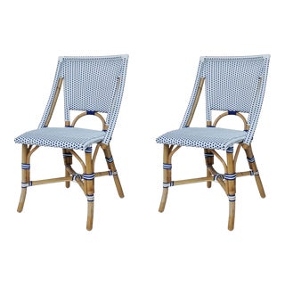 Bistro Chairs, Set of 2, White & Navy Blue, Rattan For Sale