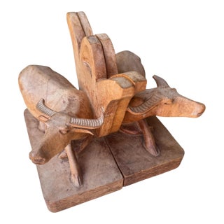 Pair of Vintage Carved Wooden Water Buffalo Bookends For Sale