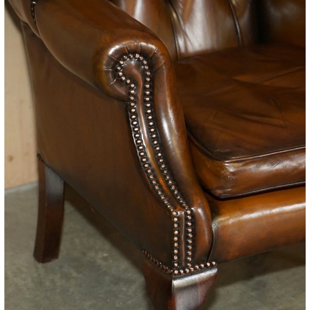Vintage Pair of Chesterfield Chestnut Brown Leather Wingback Armchairs & Footstools For Sale - Image 10 of 18
