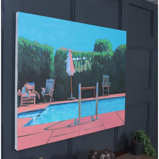 Poolside Painting Signed Tollpin, 1990, Oil on Canvas For Sale - Image 7 of 9