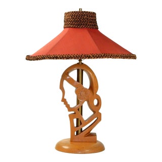 1950's Sculpted Oak Feminine Profile Table Lamp Hat Shade After Yasha Heifetz For Sale
