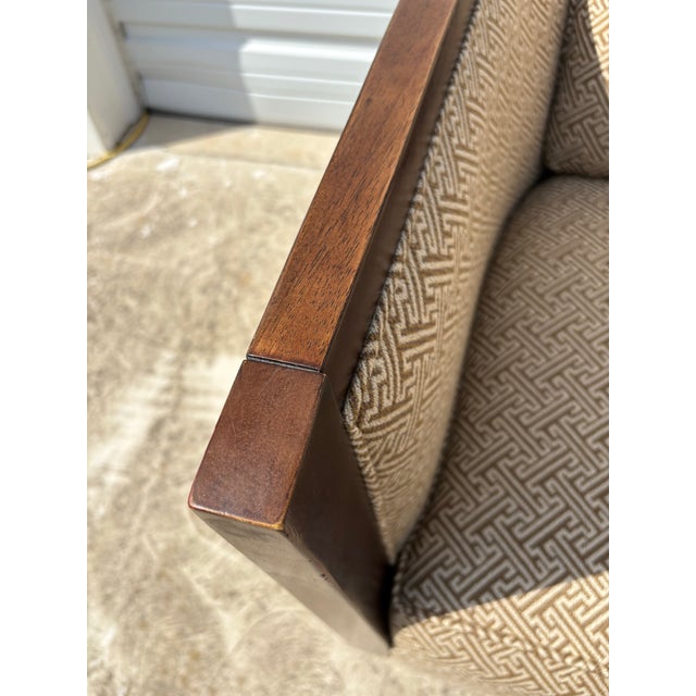 This is a pair of upholstered deco inspired club chairs by Bernhardt. These chairs have a beautiful geometric designed...