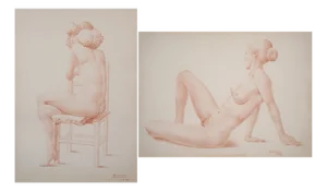 Barrera, Female Life Studies, Pencil Drawings, 1970, Framed, Set of 2