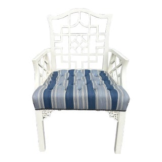 Hollywood Regency Chinese Chippendale White Lacquer Blue Upholstered Arm Chair For Sale