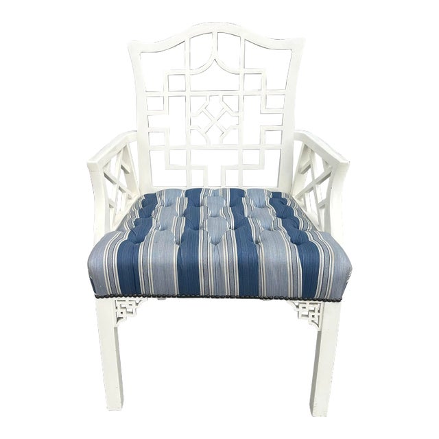 Hollywood Regency Chinese Chippendale White Lacquer Blue Upholstered Arm Chair For Sale
