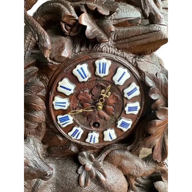 Late 19th Century Swiss Black Forest Hand-Carved Clock, Alpine Carved Case For Sale - Image 4 of 9