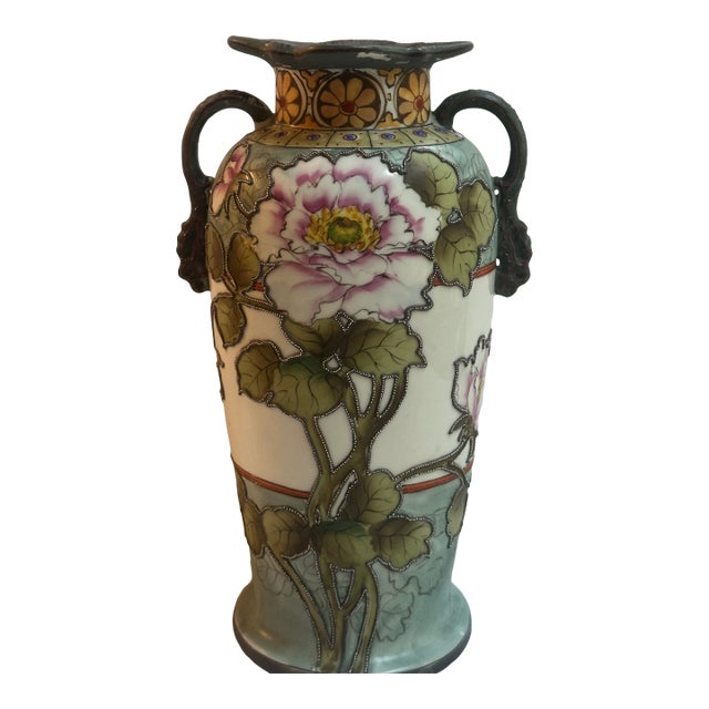 Early 20Th Century Asian Japanese Hand Painted Imperial Nippon Floral Handle Marriage Vase For Sale