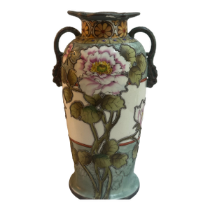 Early 20Th Century Asian Japanese Hand Painted Imperial Nippon Floral Handle Marriage Vase