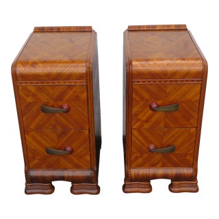 Art Deco Waterfall Tall Narrow Nightstands End Side Bedside Tables a Pair For Sale
