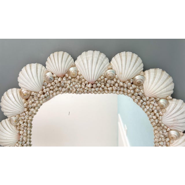 Hollywood Regency Vintage Coastal Shell Encrusted Wall Mirror – Scallop & Opalescent Sea Shell Frame | Hollywood Regency Coastal Glam For Sale - Image 3 of 13