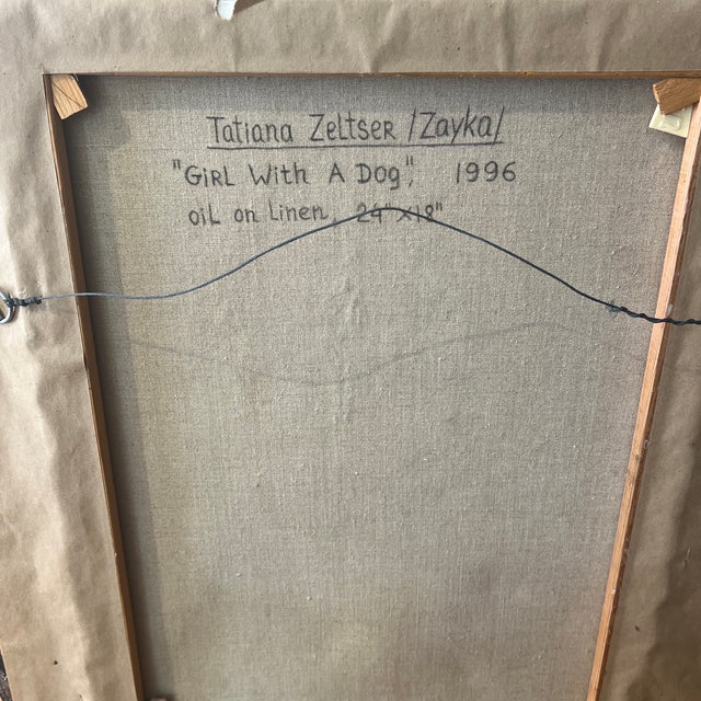 Oil on Canvas European School Framed Signed Titled Girl With a Dog Made in 1986 by Tatiana Zeltzer For Sale - Image 11 of 12