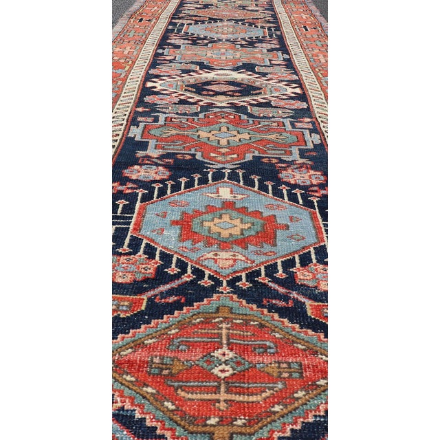 Early 20th Century Antique Heriz Serapi Runner With Colorful Highly Stylized Medallion Design For Sale - Image 5 of 13