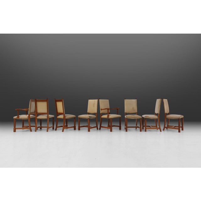 Belgium / 1940 / dining chairs / oak, leather / Art Deco Belgian Art Deco dining room chairs made of solid oak and...