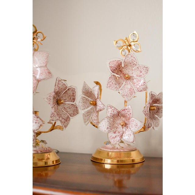 Vintage Pink Murano Glass Flower Table Lamps, Italy, 1970s, Set of 2 For Sale - Image 6 of 9