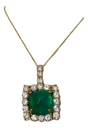 17.5 Ct Sugar Loaf Cabochon Colombian Emerald & 5.7 Ct Diamond Necklace 14KYG