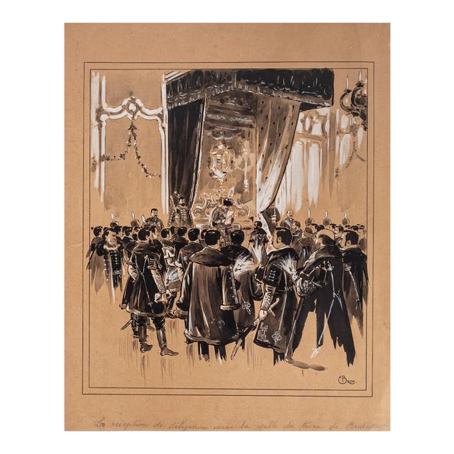 Emile Brod, Reception, Ink and Watercolor on Paper, Early 20th Century For Sale