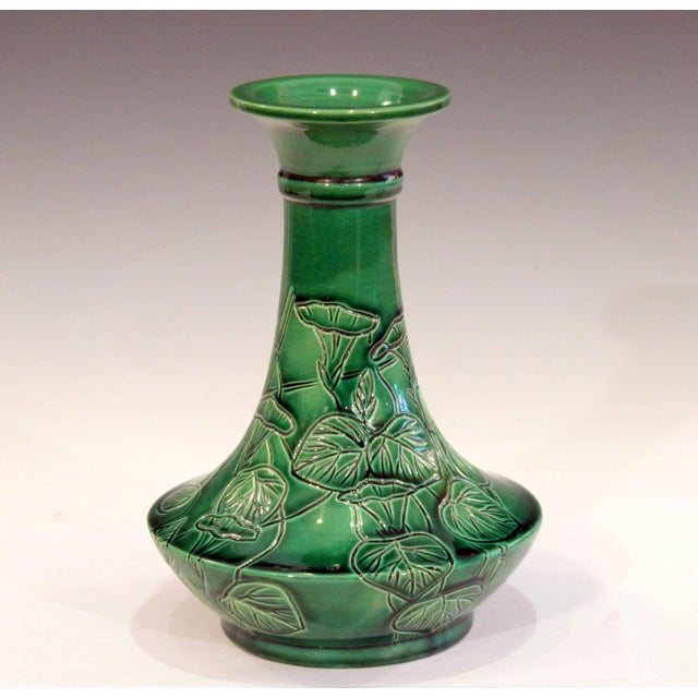 Antique Awaji Pottery Japanese Green Monochrome Bottle Vase Incised Bell Flowers For Sale - Image 9 of 11
