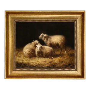 "Sheep in the Hay" Contemporary Reproduction Print on Canvas, Framed 11.5" x 13.5"