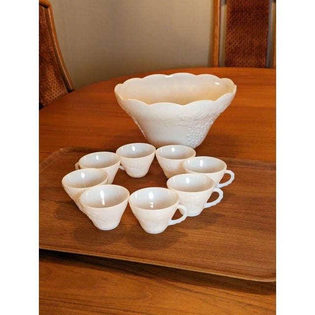Mid-Century Modern Late 20th Century Anchor Hocking Mid Century Milk Glass Grape Design Punch Bowl - 16 Pieces For Sale - Image 3 of 12
