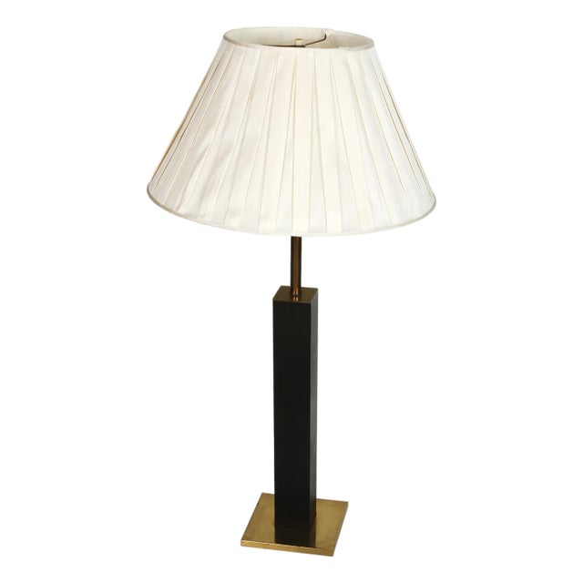 Mid Century Walter Von Nessen Leather and Brass Column Table Lamp For Sale