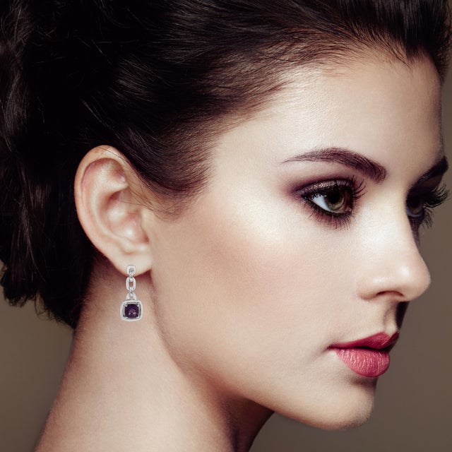 Haus of Brilliance .925 Sterling Silver 6x6MM Cushion Shaped Natural Purple Amethyst and Diamond Accent Drop and Dangle Earrings (I-J Color, I1-I2 Clarity) For Sale - Image 4 of 5