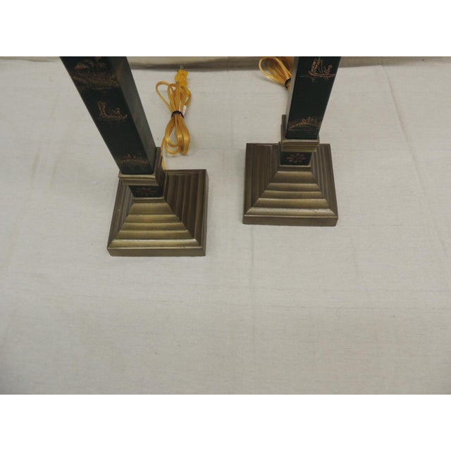 Chinoiserie Tall Antique Brass Finished and Hunter Green and Gold Leather Wrapped Table Lamps - a Pair For Sale - Image 3 of 6