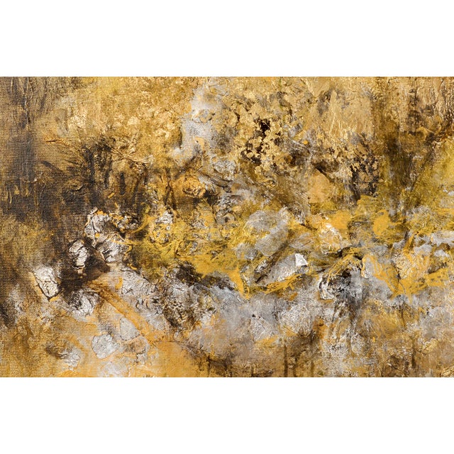 This abstract acrylic painting by Yasemen, titled "Golden Whispers," captivates with its rich textures and evocative...