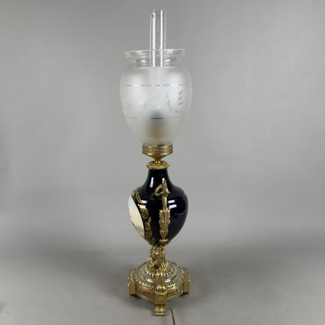 Antique French Porcelain, Brass and Satin Glass Table Lamp, 20th Century For Sale - Image 5 of 13
