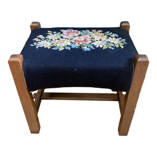Mid 20th Century Black Floral Needlepoint Ottoman For Sale