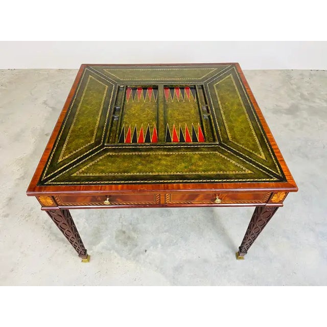 Very fine Maitland Smith flip-top game table having burlwood and mahogany chess/checkers board on one side and tooled...