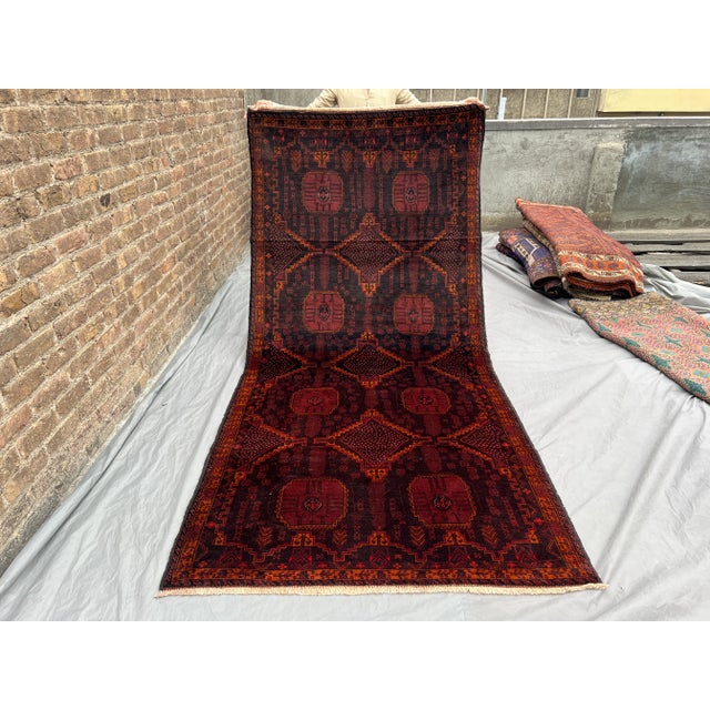Vintage Afghan Baluchi Hand-Knotted Wool Runner | Tribal Geometric Hallway Rug For Sale - Image 10 of 11