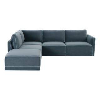 Willow Misty Blue with Pale Blue Piping Modular 5-Piece Performance Velvet LAF Sectional For Sale